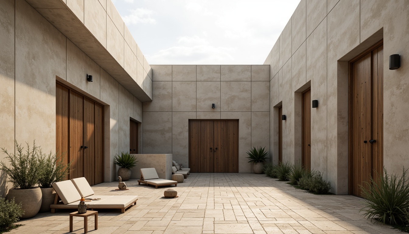 Prompt: Simple monastery courtyard, brutalist architecture, raw concrete walls, industrial metal doors, minimalist decor, functional furniture, sparse greenery, soft natural light, subtle shadows, monochromatic color scheme, geometric shapes, clean lines, austere atmosphere, serene ambiance, warm beige tones, rustic stone floors, wooden accents, minimalist sculptures, subtle textures, high contrast lighting, 1/1 composition, realistic renderings, ambient occlusion.