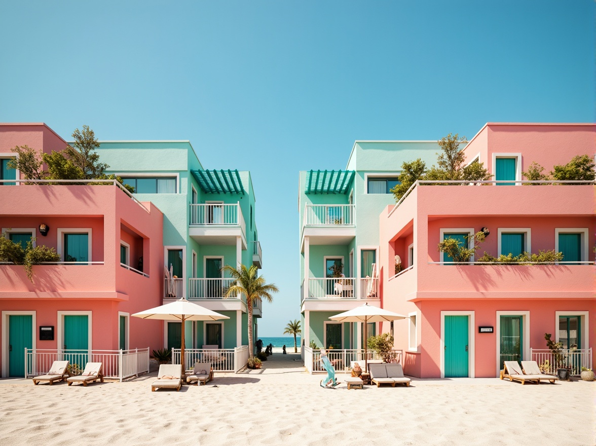 Prompt: Vibrant beachside buildings, pastel-colored facades, turquoise accents, coral-inspired hues, sandy neutrals, ocean-blue roofs, driftwood textures, natural stonework, seaside resort vibe, warm sunny days, soft gentle lighting, 1/2 composition, symmetrical architecture, refreshing color palette, coastal-themed decor, nautical elements, shell-shaped ornaments, beachy patterns, seaside-inspired typography, airy open spaces, breezy atmosphere.