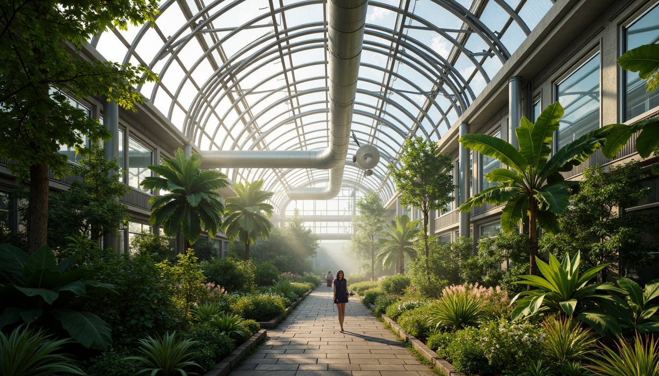 Prompt: Lush greenery, exotic plants, misty atmosphere, natural light filtering, arched glass roof, metal framework, industrial pipes, modern ventilation systems, automated climate control, fogging systems, evaporative cooling, shading devices, vertical farming, hydroponic cultivation, LED grow lights, organic fertilizer application, humidification systems, air circulation fans, natural stone flooring, wooden trellises, tropical ambiance, soft warm lighting, shallow depth of field, 3/4 composition, panoramic view, realistic textures, ambient occlusion.