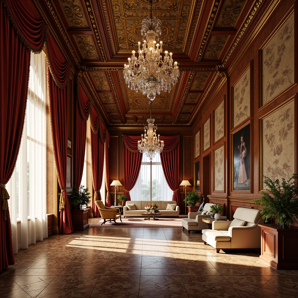 Prompt: Opulent Baroque-style mansion, grandiose drapery, luxurious velvet fabrics, intricate gold embroidery, ornate wooden cornices, lavish crystal chandeliers, majestic floor-to-ceiling windows, richly patterned silk wallpapers, elegant tassel tiebacks, sophisticated layered curtains, subtle sheen fabrics, warm golden lighting, dramatic ceiling height, 1/1 composition, realistic textures, ambient occlusion.