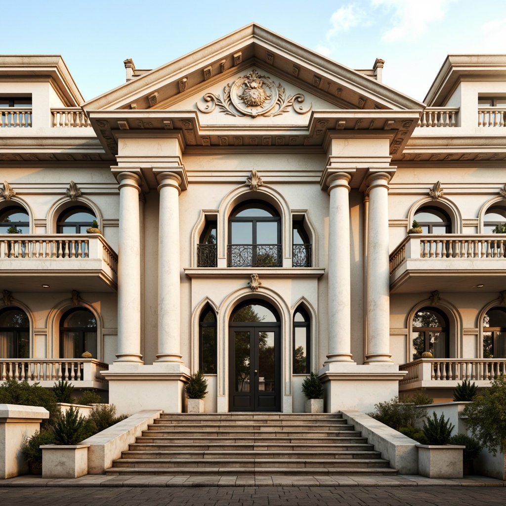 Prompt: Grandiose neoclassical facade, ornate columns, carved stone details, symmetrical composition, classical pediments, decorative friezes, arched windows, balconies with intricate ironwork, subtle cornices, subtle pilasters, creamy white marble, warm golden lighting, shallow depth of field, 2/3 composition, realistic textures, ambient occlusion.