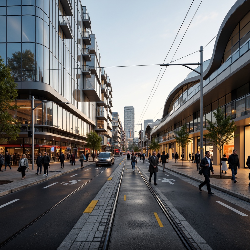 Prompt: Sleek tram station, futuristic architecture, dynamic curves, LED lighting systems, transparent glass fa\u00e7ades, metallic cladding, cantilevered roofs, modern urban landscape, bustling streets, morning rush hour, warm golden lighting, shallow depth of field, 1/2 composition, wide-angle lens, realistic reflections, ambient occlusion, vibrant city colors, geometric patterns, modular design, energy-efficient systems, solar panels, green roofs, innovative ventilation technologies.