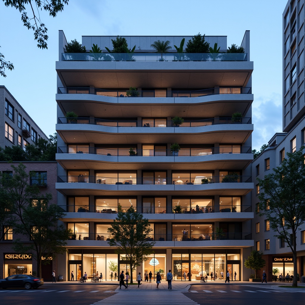 Prompt: Bold concert house facade, asymmetrical composition, cantilevered balconies, rectangular windows, industrial materials, exposed concrete, steel beams, minimalist ornamentation, functional simplicity, urban context, busy streets, vibrant cultural atmosphere, evening lighting, warm glow, shallow depth of field, 2/3 composition, realistic textures, ambient occlusion.