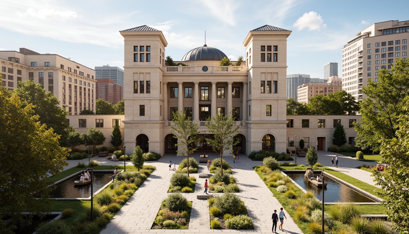 Prompt: Grand courthouse building, neoclassical style, symmetrical facade, granite stone walls, ornate columns, clock tower, lush green roof garden, native plant species, walking trails, public art installations, water feature fountains, natural stone seating areas, shaded plazas, modern glass atriums, clerestory windows, abundant natural light, warm beige color scheme, 1/2 composition, subtle depth of field, softbox lighting, realistic textures, ambient occlusion.