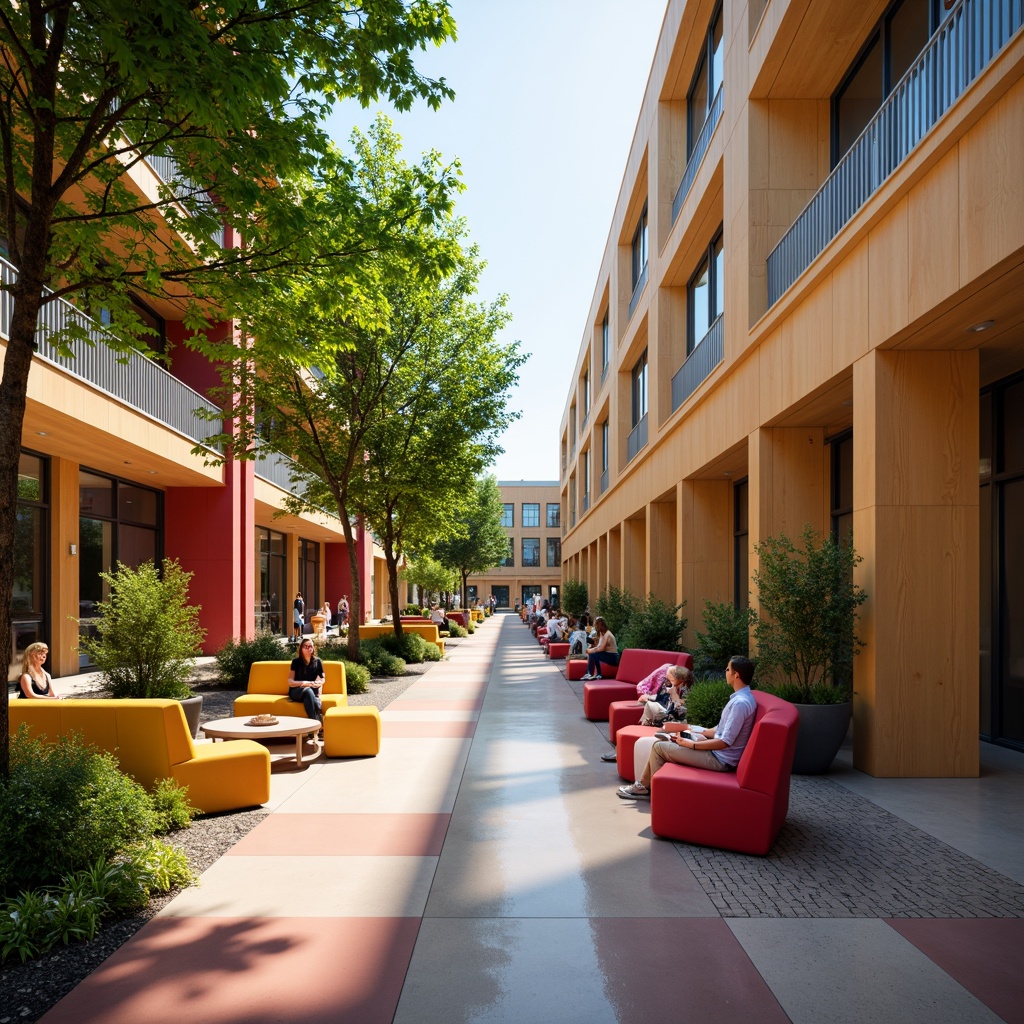 Prompt: \Vibrant university campus, modern educational buildings, bright corridors, colorful student lounge, cozy study nooks, natural wood accents, earthy tones, bold branding colors, energetic atmosphere, soft warm lighting, 3/4 composition, shallow depth of field, realistic textures, ambient occlusion.\