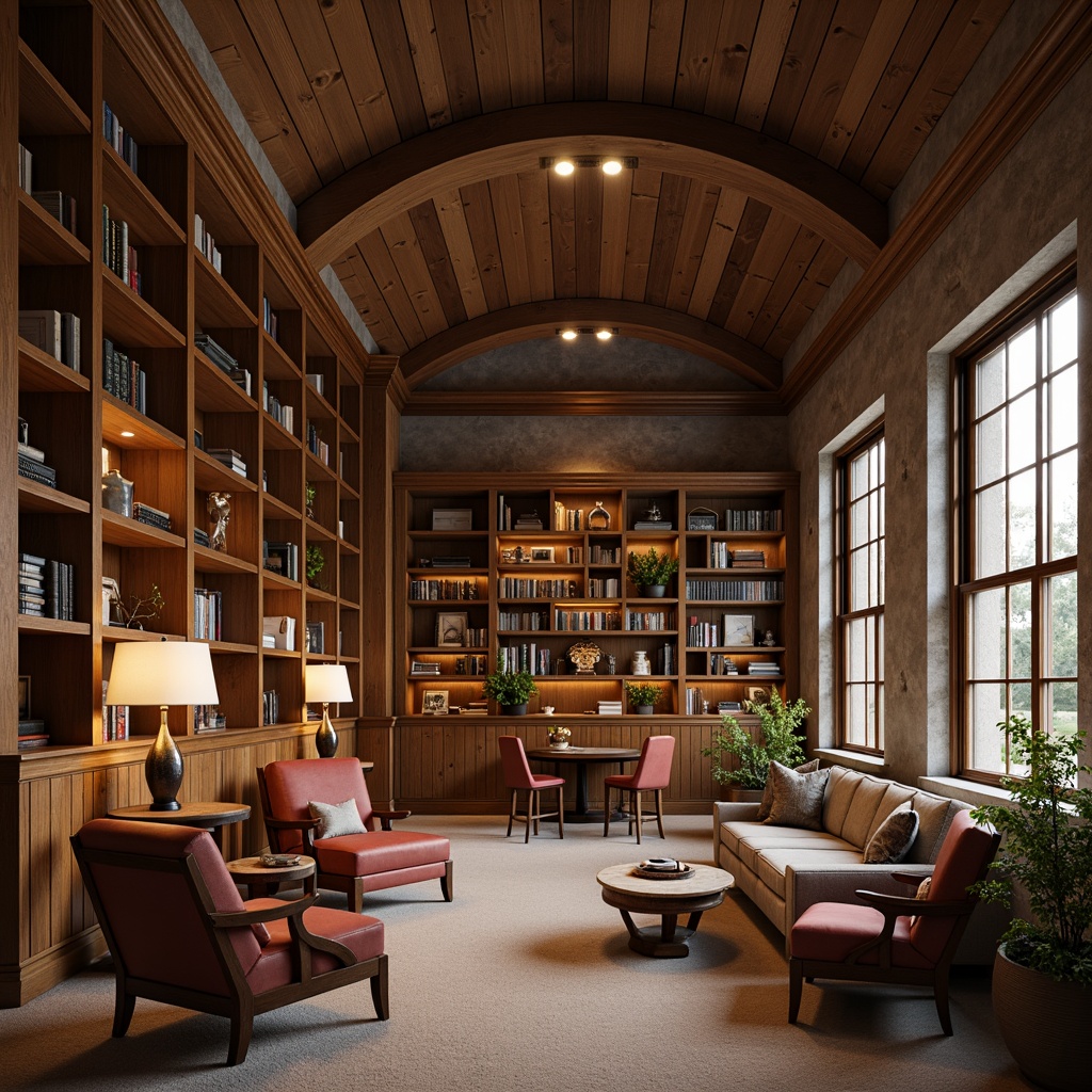 Prompt: Cozy reading nooks, warm wooden accents, natural stone walls, earthy color palette, plush armchairs, floor lamps, rustic wooden shelves, vintage book collections, comfortable sofas, soft carpeting, warm lighting fixtures, regional cultural decorations, traditional architectural elements, grand windows, high ceilings, open spaces, minimal ornamentation, functional furniture design, task-oriented lighting, 1/1 composition, realistic textures, ambient occlusion.