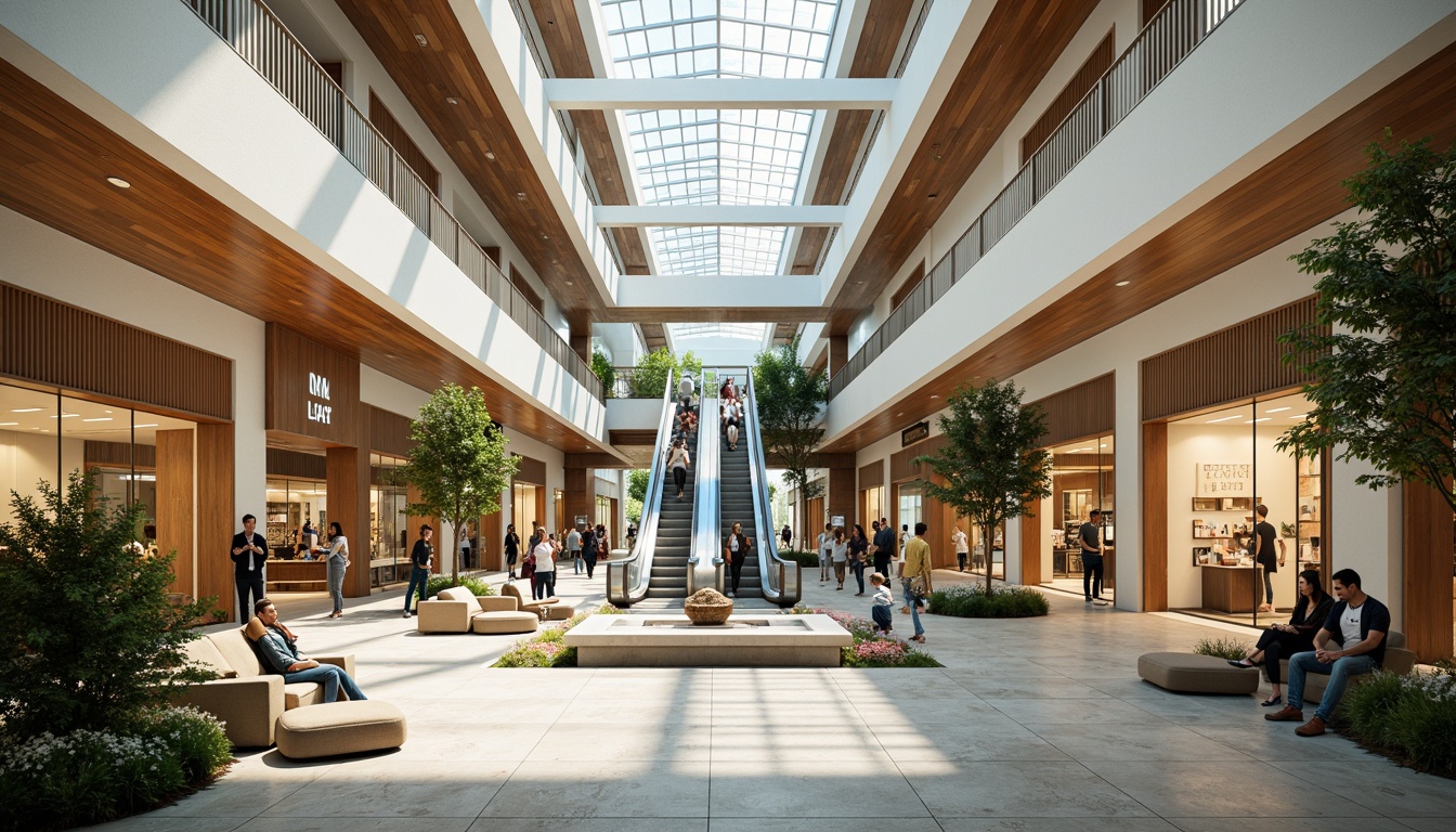 Prompt: Vibrant shopping mall, natural stone flooring, sleek modern escalators, spacious atriums, high ceilings, abundant natural light, minimalist interior design, chic retail stores, elegant product displays, comfortable seating areas, lush greenery, decorative water features, soft warm lighting, shallow depth of field, 3/4 composition, panoramic view, realistic textures, ambient occlusion.