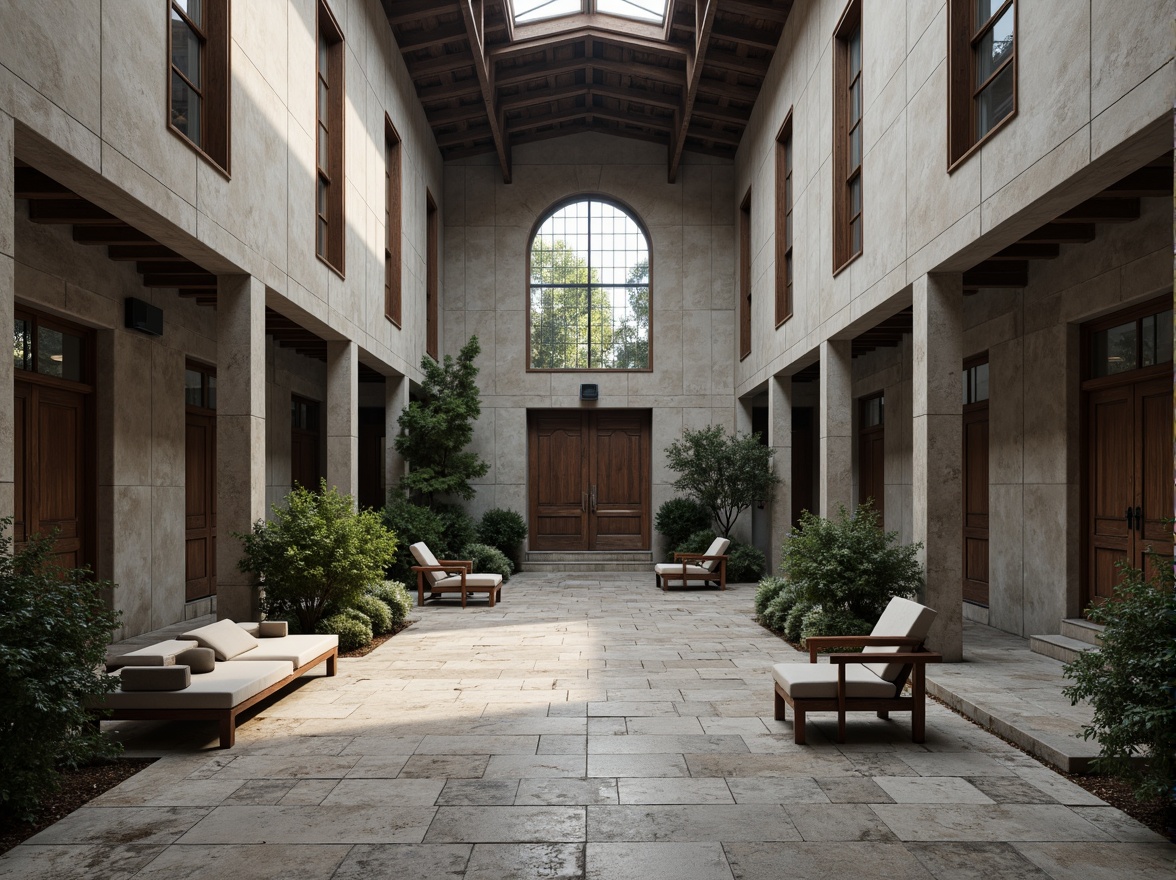 Prompt: Monastic courtyard, brutalist architecture, raw concrete walls, minimalist ornamentation, functional simplicity, industrial materials, steel beams, exposed ductwork, sparse greenery, rustic wooden doors, geometric stained glass windows, subtle natural light, soft diffused shadows, low-angle composition, atmospheric perspective, textured stone floors, distressed wood accents, Bauhaus-inspired typography, serene ambiance, contemplative atmosphere.