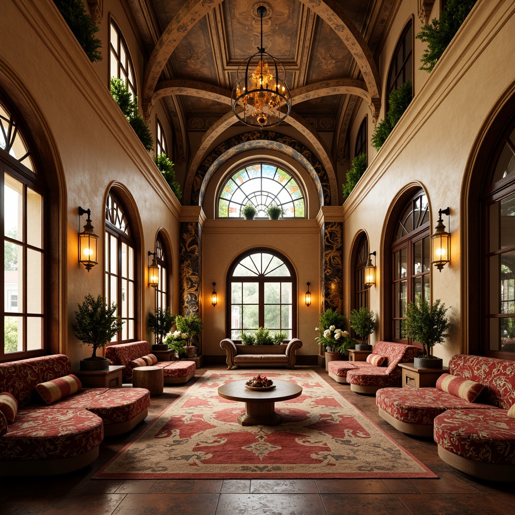 Prompt: Opulent Art Nouveau social housing interior, richly patterned textiles, flowing organic shapes, sinuous lines, ornate furnishings, velvet upholstery, intricately carved wooden panels, stained glass windows, warm golden lighting, lavish drapery, plush area rugs, sculptural metalwork, nature-inspired motifs, botanical prints, curved banquettes, cozy reading nooks, warm beige walls, elegant archways, refined decorative accents, soft focus photography, shallow depth of field, 1/2 composition, realistic textures, ambient occlusion.