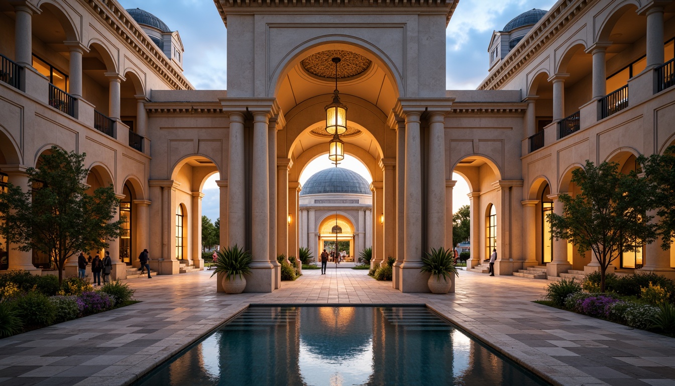 Prompt: Symmetrical grand entrance, identical twin pillars, mirrored archways, harmonious proportions, balanced facade composition, reflective pool water, geometric patterned flooring, central axis alignment, radial symmetry, ornate details, majestic domes, intricate stone carvings, vibrant color schemes, luxurious materials, ambient warm lighting, shallow depth of field, 1/1 composition, perfect reflection, realistic textures, ambient occlusion.