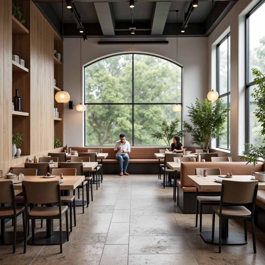 Prompt: Minimalist dining hall, sleek wooden tables, simple metal chairs, modern pendant lights, neutral color palette, clean lines, minimalist decor, sparse greenery, natural stone flooring, large windows, soft diffused lighting, shallow depth of field, 1/1 composition, realistic textures, ambient occlusion.