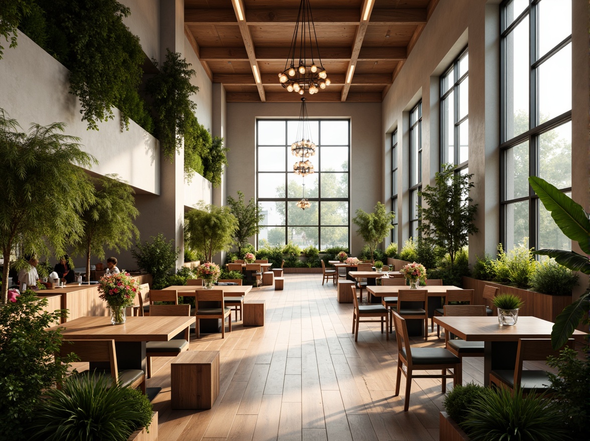 Prompt: Spacious dining hall, high ceilings, floor-to-ceiling windows, natural light pouring in, warm ambiance, wooden flooring, minimalist decor, greenery walls, living plants, vibrant flower arrangements, elegant chandeliers, soft diffused lighting, shallow depth of field, 1/2 composition, panoramic view, realistic textures, ambient occlusion.