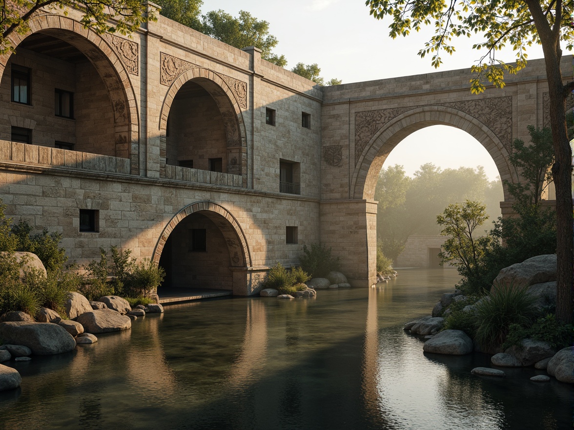 Prompt: Ancient bridge, Byzantine architecture, arched structures, stone carvings, ornate columns, intricate mosaics, rustic stonework, weathered stone textures, curved bridge spans, gentle water flow, serene riverbanks, lush greenery, misty atmosphere, soft warm lighting, shallow depth of field, 1/1 composition, realistic textures, ambient occlusion.