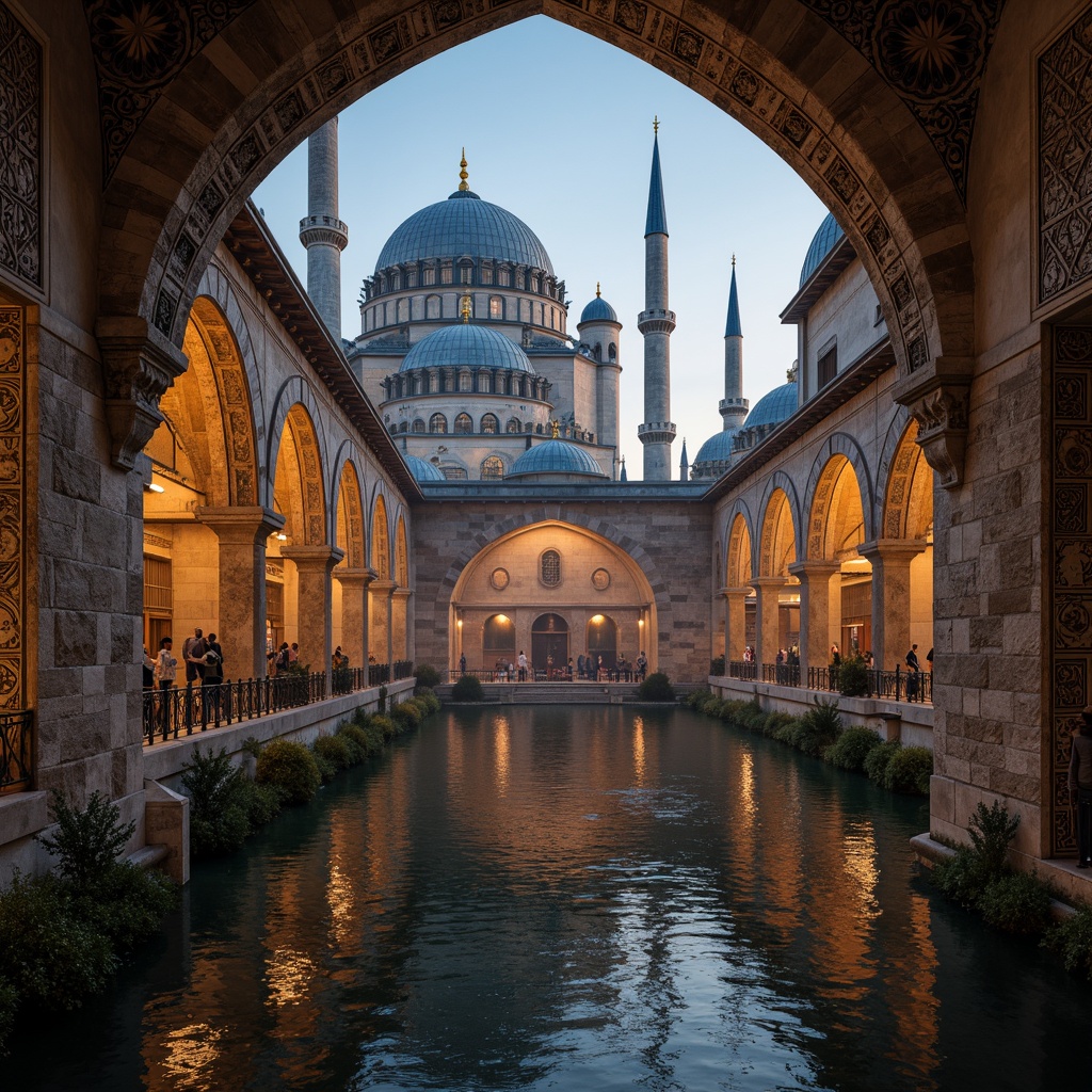 Prompt: Ancient bridge archways, intricately carved stone ornaments, grandiose domes, majestic bell towers, ornate frescoes, vibrant mosaic patterns, warm golden lighting, atmospheric misty effects, mystical evening ambiance, 1/2 composition, symmetrical framing, high dynamic range, cinematic color grading, realistic water reflections, detailed stonework textures.