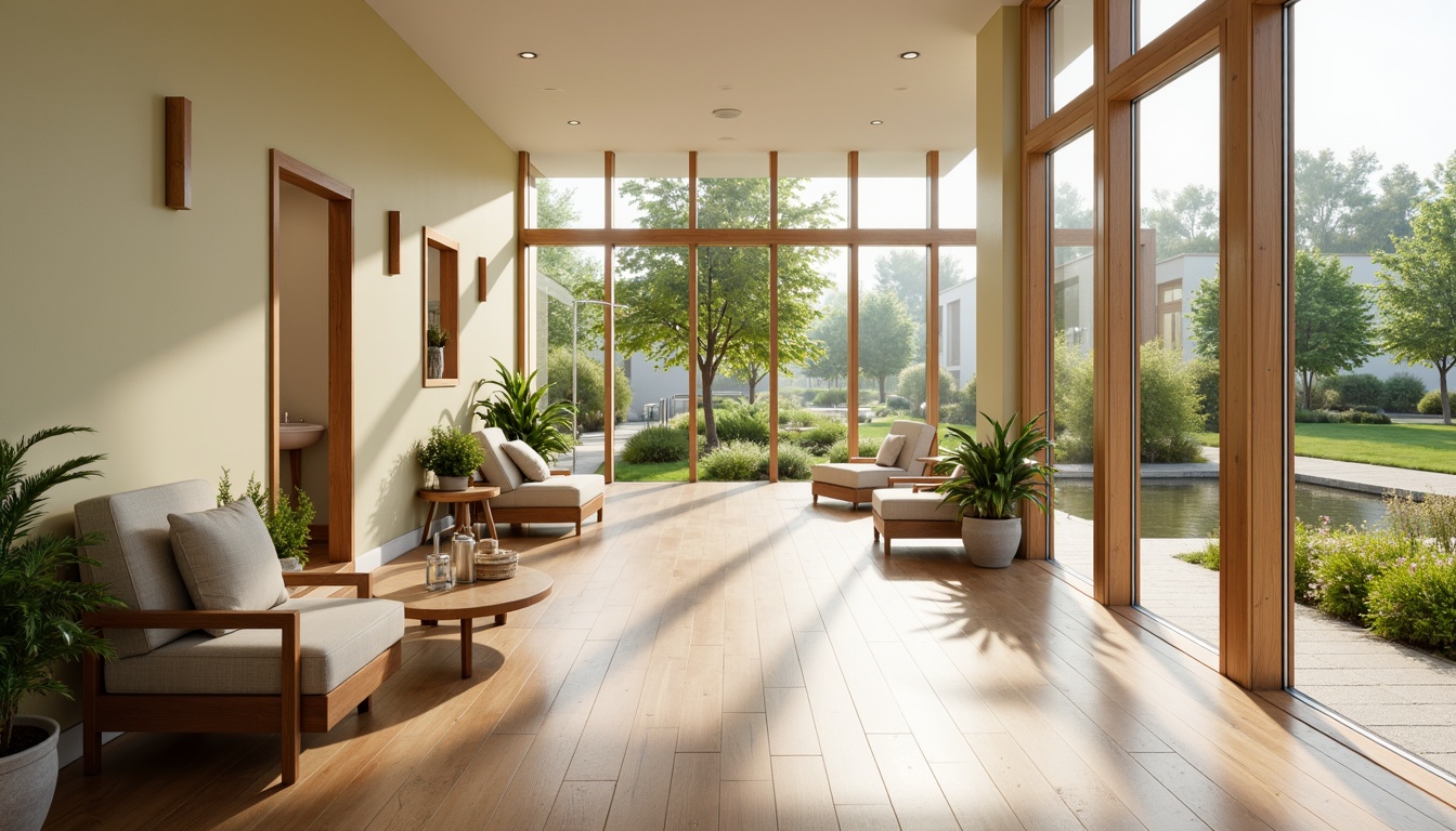 Prompt: \Soothing rehabilitation center, large windows, natural sunlight, calming atmosphere, wooden flooring, pastel color walls, comfortable seating areas, lush greenery, peaceful courtyards, serene water features, gentle breezes, warm beige tones, soft diffused lighting, minimal shadows, 1/1 composition, shallow depth of field, realistic textures, ambient occlusion.\