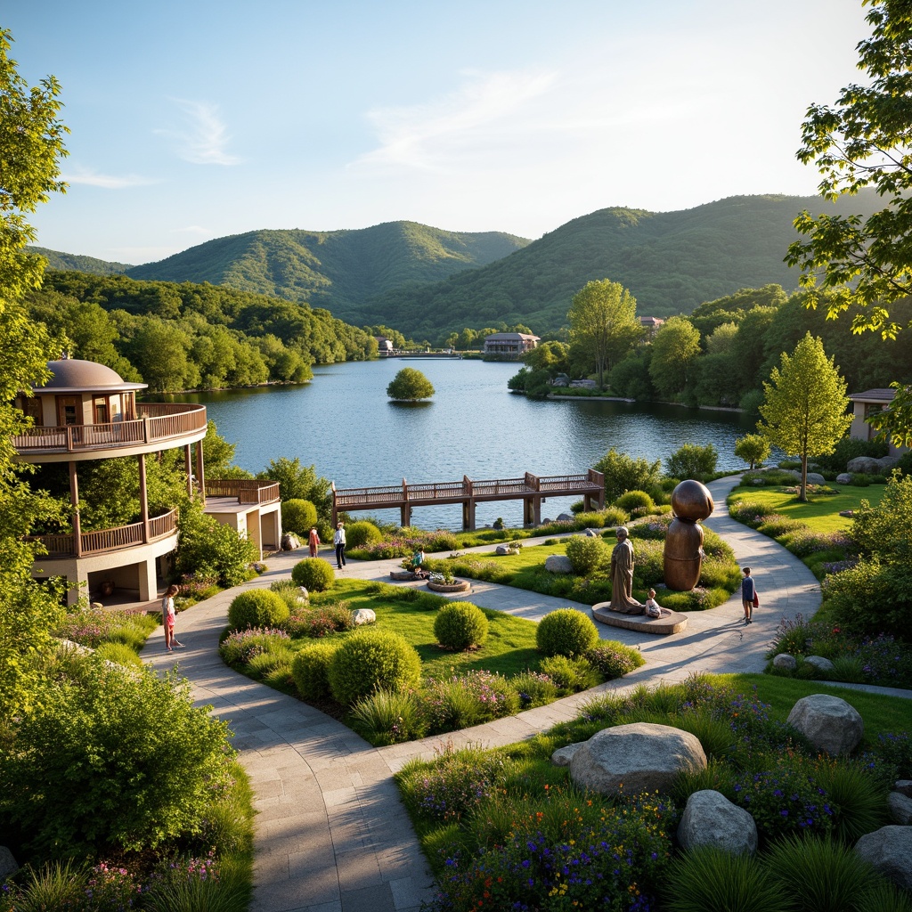 Prompt: Harmonious landscape integration, rolling hills, serene lakeside, lush greenery, vibrant flowers, meandering walking paths, wooden benches, ornate bridges, natural stone walls, rustic fences, modern sculptures, abstract art pieces, soft warm lighting, shallow depth of field, 3/4 composition, panoramic view, realistic textures, ambient occlusion.