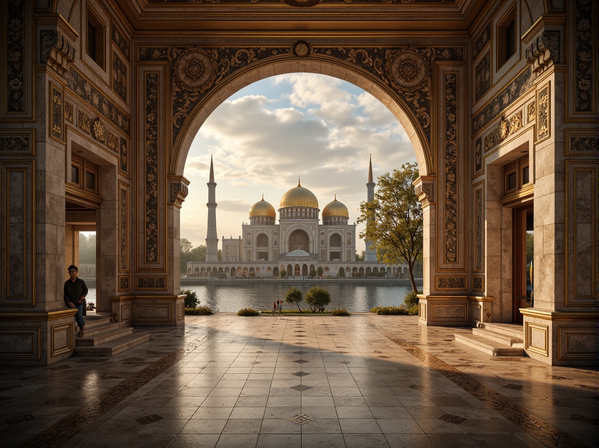 Prompt: Majestic archways, ornate stone carvings, grandiose bridges, Byzantine-inspired architecture, intricate mosaics, golden domes, majestic columns, ornamental capitals, rustic stone walls, ancient historical landmarks, serene water reflections, dramatic cloudy skies, warm golden lighting, shallow depth of field, 1/2 composition, symmetrical framing, realistic textures, ambient occlusion.