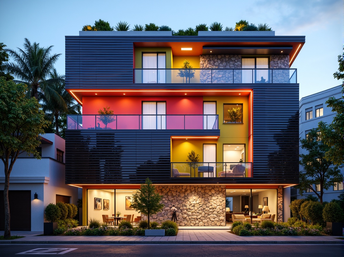 Prompt: Vibrant residential facade, dynamic LED lighting, modern minimalist architecture, sleek metal cladding, bold color blocking, geometric patterns, natural stone accents, green roofs, vertical gardens, floor-to-ceiling windows, sliding glass doors, cozy balconies, urban cityscape, morning sunlight, soft warm glow, shallow depth of field, 1/1 composition, realistic textures, ambient occlusion.Please let me know if this meets your expectations!