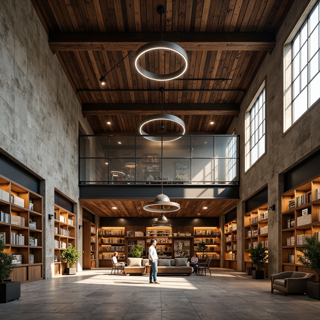 Prompt: Rustic library exterior, brutalist concrete walls, industrial metal beams, reclaimed wood accents, minimalist interior design, open shelving systems, natural stone flooring, earthy color palette, dramatic high ceilings, grand reading rooms, cozy study nooks, soft warm lighting, 1/1 composition, realistic textures, ambient occlusion, warm afternoon ambiance, quiet atmosphere.