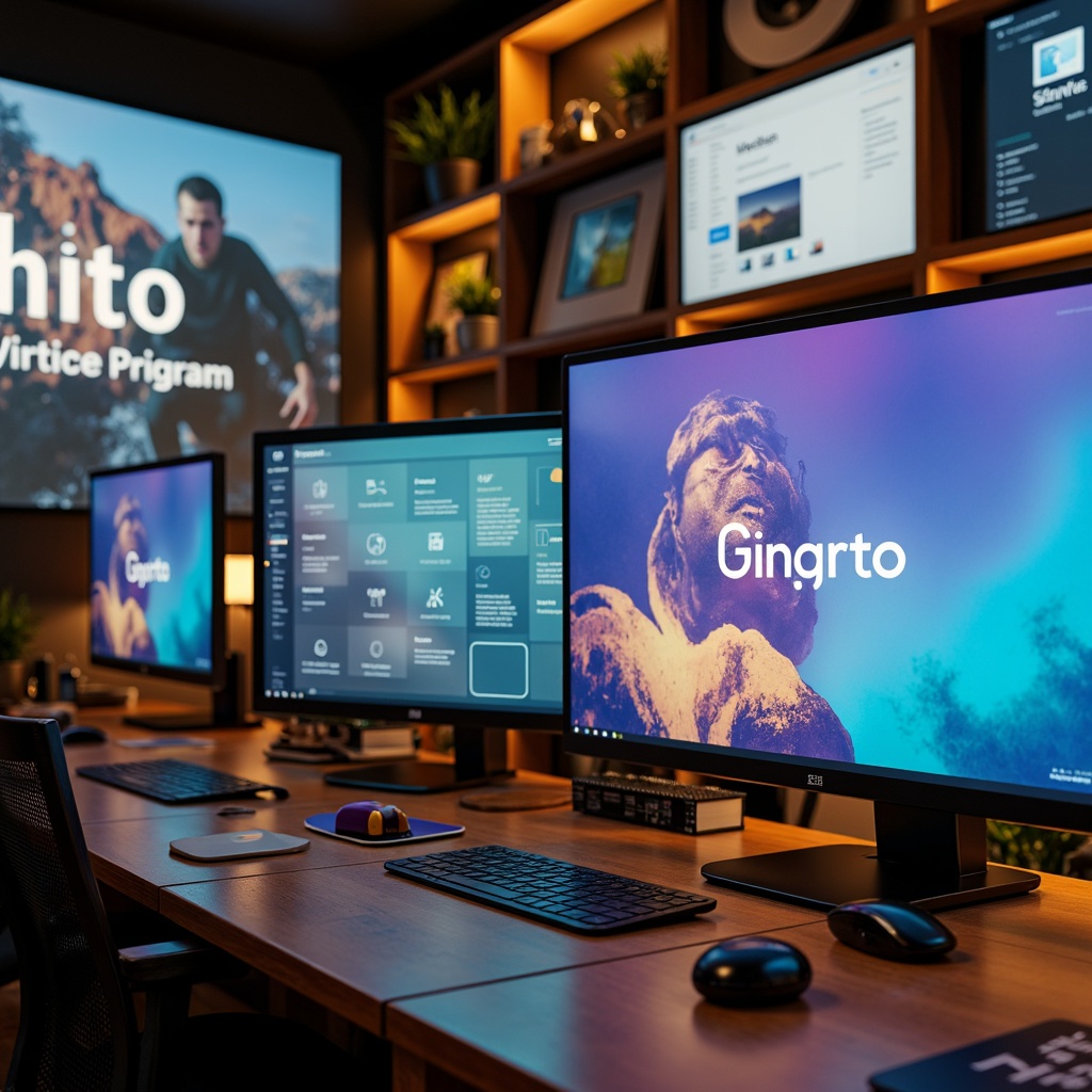 Prompt: Vibrant design studio, modern computer screens, sleek interface, bold typography, contrasting colors, harmonious palette, pastel hues, deep blues, bright yellows, earthy tones, rich textures, metallic accents, ambient lighting, shallow depth of field, 1/1 composition, realistic renderings, soft focus effect.