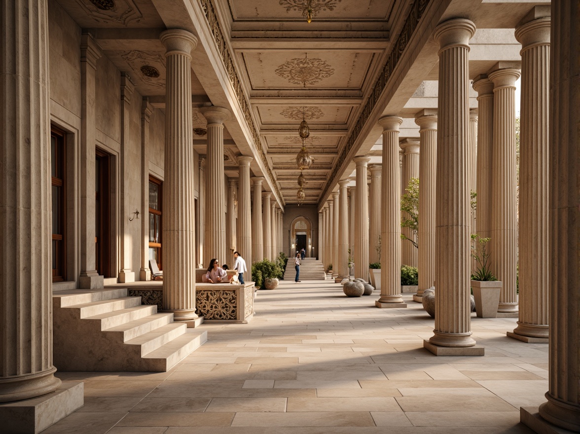 Prompt: Elegant Greek temple, Doric columns, balanced proportions, harmonious ratios, symmetrical facade, ornate details, carved stone decorations, subtle color palette, natural marble textures, grand entrance, sweeping staircases, vaulted ceilings, classic archways, refined moldings, subtle lighting, soft warm ambiance, high contrast ratio, shallow depth of field, 2/3 composition, formal atmosphere.