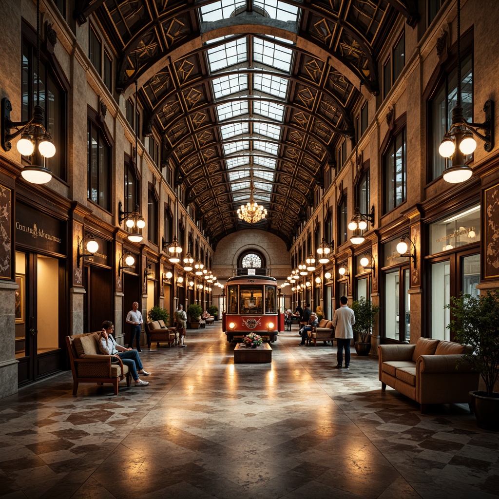 Prompt: Grandiose tram station, ornate metalwork, intricate tile patterns, vintage chandeliers, stately columns, sweeping archways, polished marble floors, lavish furnishings, stained glass ceilings, warm ambient lighting, 1/1 composition, symmetrical framing, shallow depth of field, realistic textures, subtle glow effects.