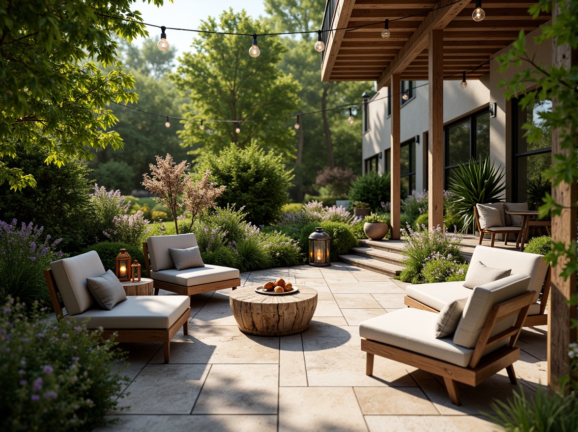 Prompt: Cozy patio, lush greenery, vibrant flowers, comfortable outdoor furniture, soft cushions, natural stone flooring, wooden accents, modern lanterns, warm string lights, sunny afternoon, gentle breeze, shallow depth of field, 3/4 composition, relaxed atmosphere, realistic textures, ambient occlusion.Let me know if you need any adjustments!