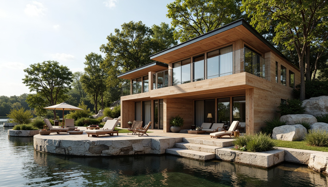 Prompt: Lakefront house, modern facade design, wooden accents, large windows, sliding glass doors, natural stone walls, rustic roof tiles, waterfront views, serene lake scenery, surrounding trees, lush greenery, sunny day, soft warm lighting, shallow depth of field, 3/4 composition, panoramic view, realistic textures, ambient occlusion, horizontal lines, minimalist design, earthy color palette, nature-inspired patterns.