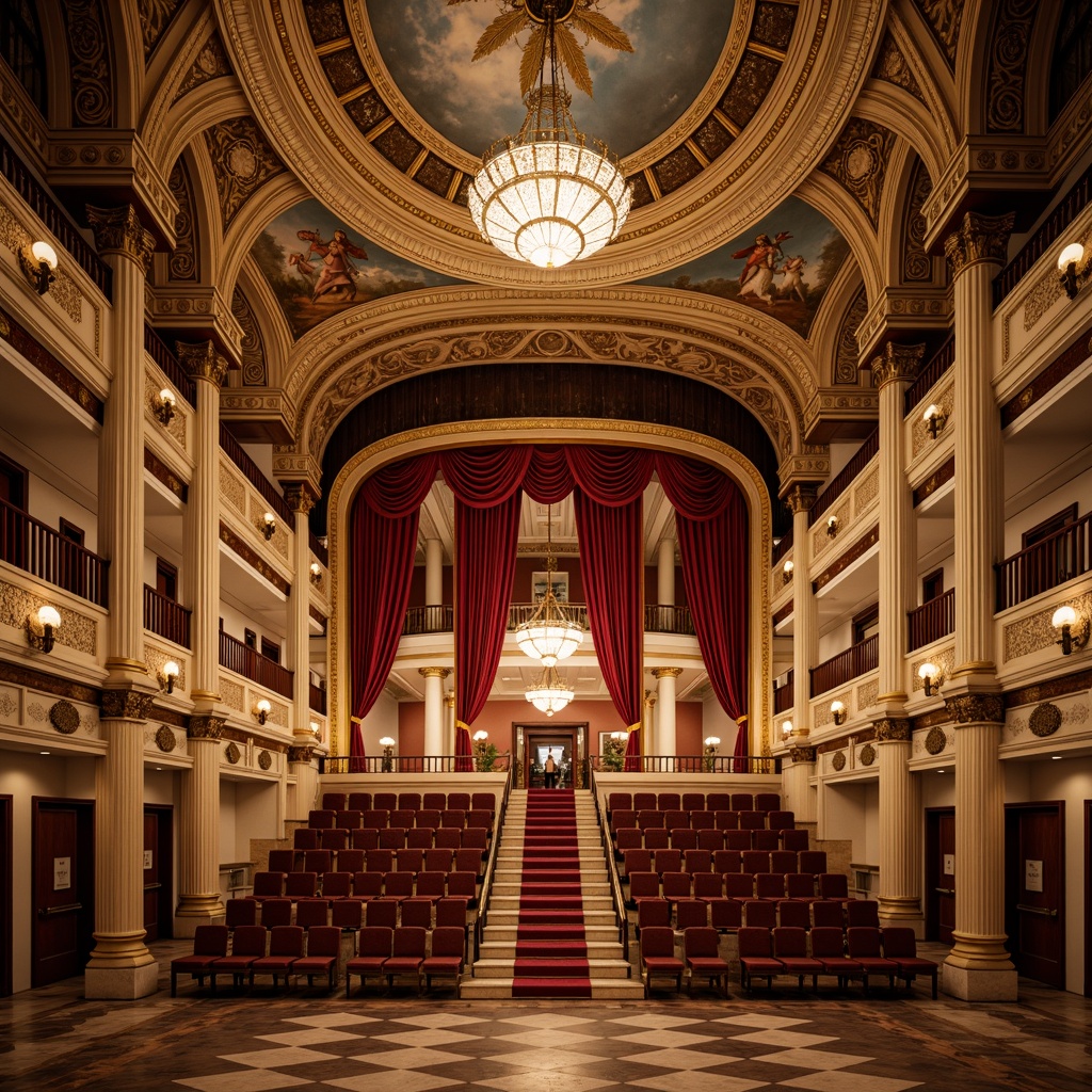 Prompt: Grand opera house, ornate columns, intricately carved capitals, majestic arches, sweeping staircases, opulent chandeliers, rich velvet curtains, gilded moldings, marble flooring, frescoed ceilings, dramatic spotlights, warm golden lighting, shallow depth of field, 2/3 composition, symmetrical architecture, neoclassical style, Corinthian columns, grand entrance hall, red carpet, luxurious box seats, ornate balconies, grand chandelier.