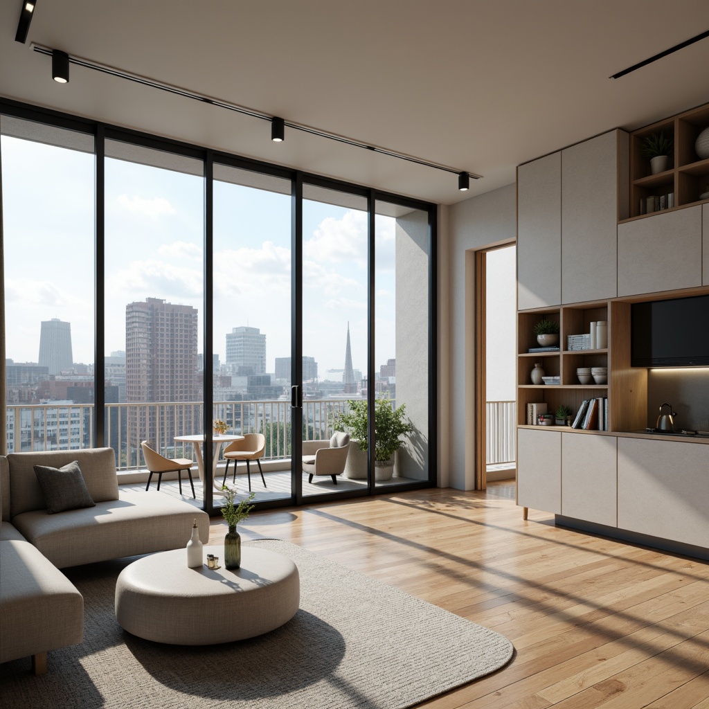 Prompt: Modern apartment, sleek minimalism, neutral color palette, polished wood flooring, floor-to-ceiling windows, sliding glass doors, compact kitchenette, modular furniture, hidden storage compartments, task lighting, ergonomic workstations, intuitive navigation, seamless technology integration, smart home systems, energy-efficient appliances, abundant natural light, airy atmosphere, shallow depth of field, 1/2 composition, panoramic view.