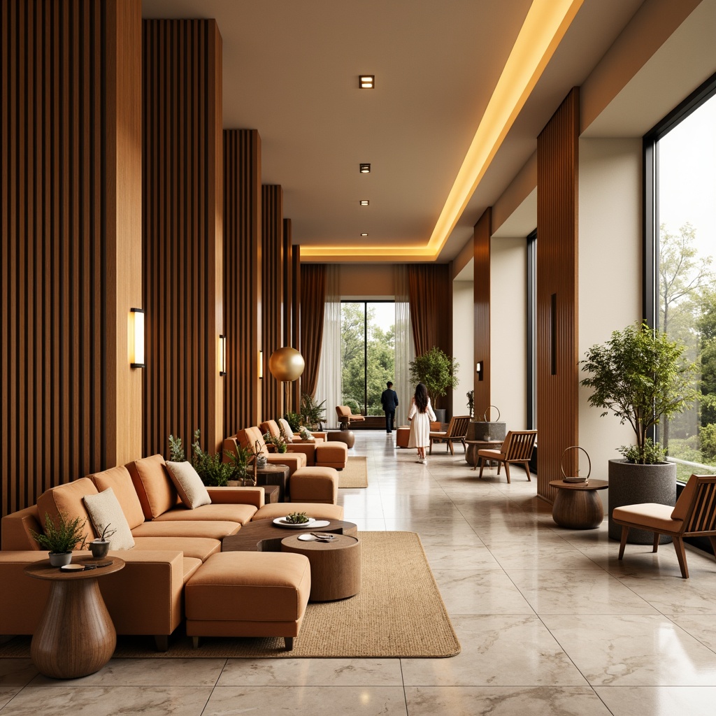 Prompt: Luxurious hotel lobby, rich wood accents, warm beige tones, soft golden lighting, plush velvet furnishings, elegant marble floors, sophisticated color palette, harmonious contrast, balanced saturation, calming ambiance, inviting atmosphere, comfortable seating areas, modern minimalist decor, subtle branding elements, natural material textures, earthy tone inspiration, relaxing mood, serene color scheme, 1/2 composition, warm white balance, soft focus blur.