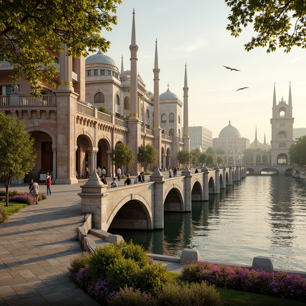 Prompt: Majestic waterfront promenade, intricately ornamented bridges, Byzantine-inspired arches, grandiose pillars, ornate stone carvings, warm golden lighting, serene river views, lush greenery, vibrant flowers, majestic sailboats, seagulls flying overhead, soft misty atmosphere, shallow depth of field, 1/2 composition, panoramic view, realistic water reflections, ambient occlusion.