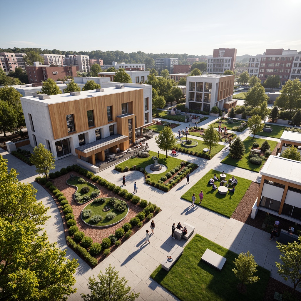 Prompt: Vibrant community center, social housing complex, urban renewal project, public art installations, green roofs, communal gardens, outdoor recreation areas, children's playgrounds, walking paths, seating areas, modern architecture, mixed-income residents, inclusive design, accessible ramps, adaptive reuse, sustainable materials, natural ventilation systems, abundant daylight, warm color schemes, textured concrete walls, wooden accents, cozy nooks, 1/1 composition, softbox lighting, realistic textures, ambient occlusion.