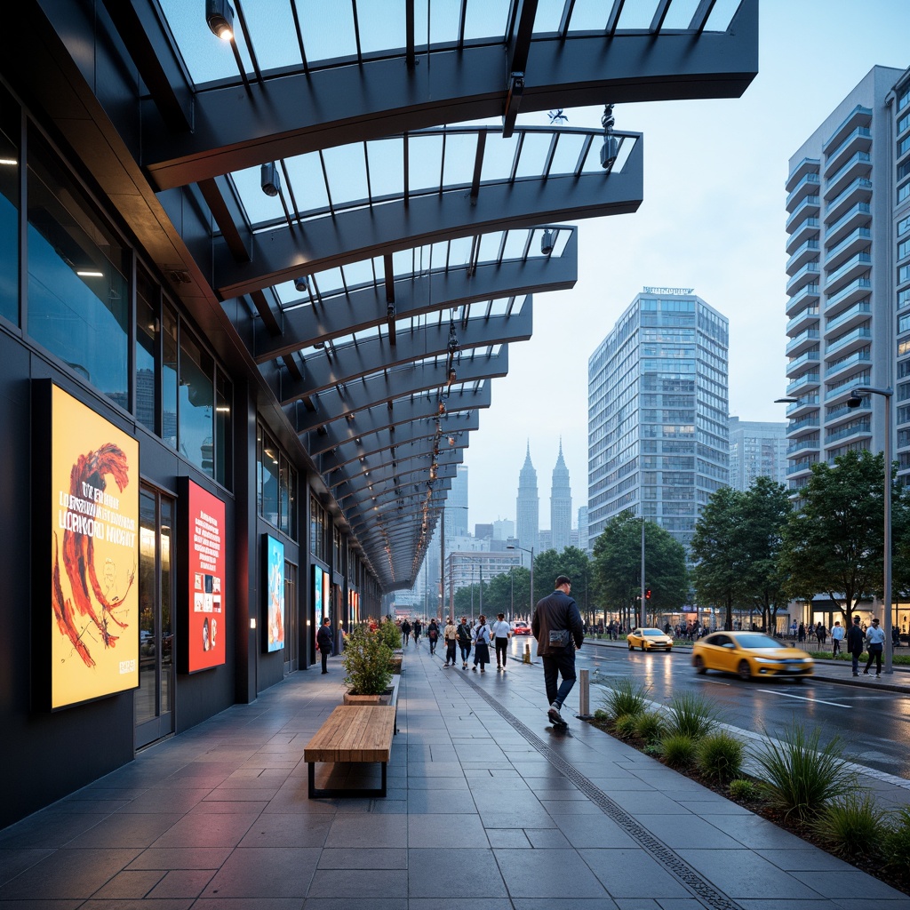 Prompt: Futuristic tram station, sleek curved lines, dynamic LED lighting, translucent glass walls, cantilevered roofs, stainless steel columns, urban cityscape, bustling streets, morning commute, natural stone flooring, modern minimalist benches, digital information displays, abstract geometric patterns, vibrant colored accents, panoramic views, shallow depth of field, 1/1 composition, realistic reflections, ambient occlusion.