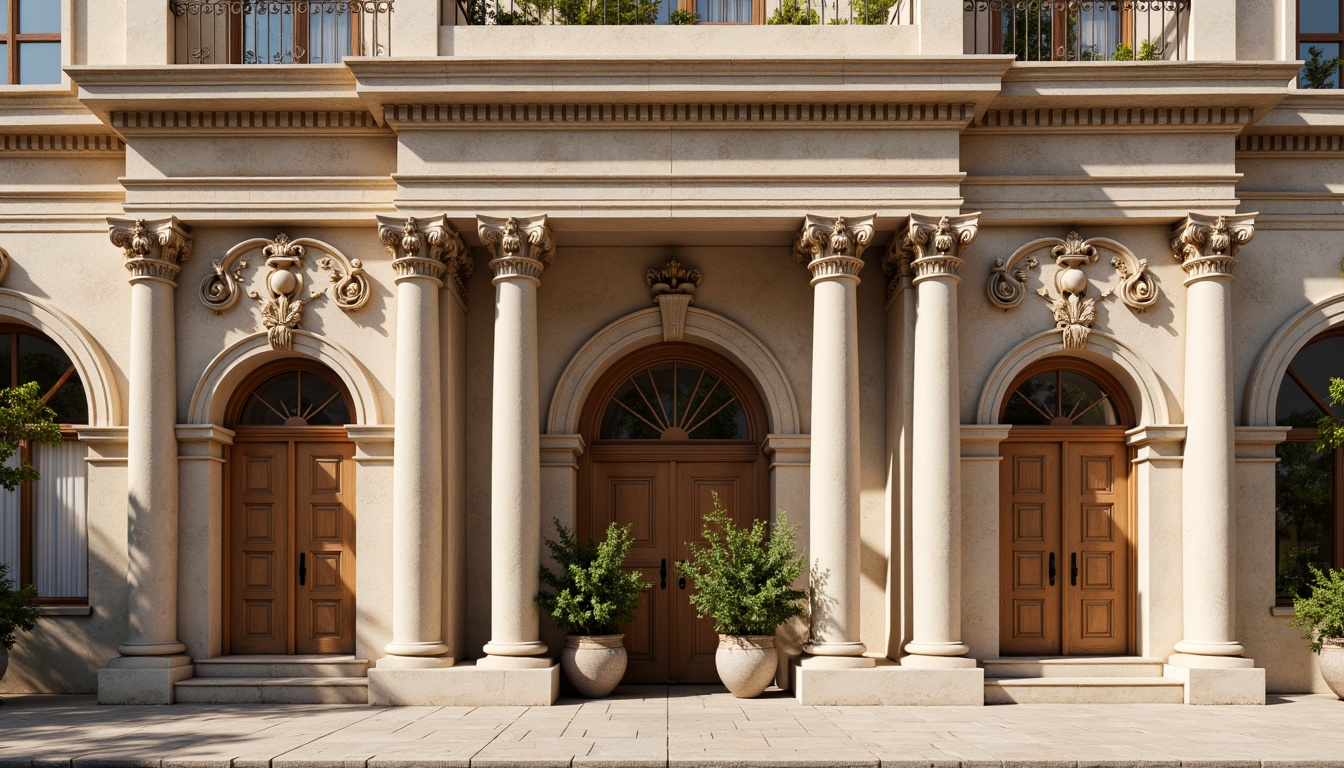 Prompt: Ornate classical facade, grandiose columns, intricately carved stone details, symmetrical composition, balanced proportions, decorative cornices, ornamental arches, rusticated quoins, smooth limestone walls, subtle weathered texture, warm beige color palette, soft afternoon sunlight, shallow depth of field, 1/2 composition, realistic material rendering, ambient occlusion.