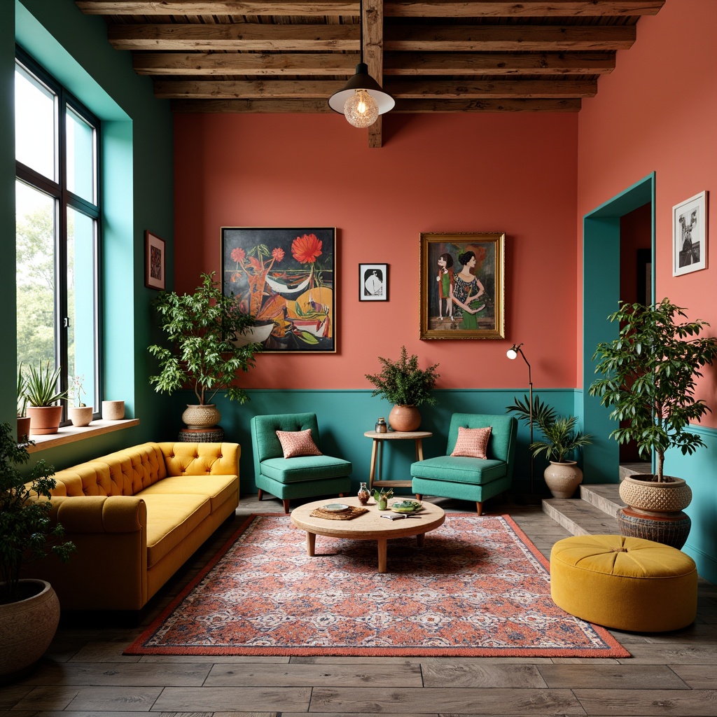 Prompt: Vibrant eclectic interior, mix-and-match furniture, bold color palette, turquoise accents, coral pink walls, mustard yellow velvet sofas, emerald green armchairs, abstract art pieces, geometric patterns, Moroccan-inspired tiles, reclaimed wood floors, vintage decorative items, lush greenery, natural light, warm ambiance, cozy atmosphere, shallow depth of field, 1/1 composition, soft focus, realistic textures.