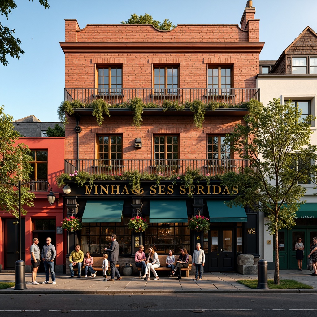 Prompt: Vibrant pub social housing, traditional British architecture, red brick facade, ornate stone carvings, wooden window frames, hanging flower baskets, bustling streetscape, afternoon sunlight, soft warm lighting, shallow depth of field, 3/4 composition, realistic textures, ambient occlusion, lively pedestrian activity, outdoor seating areas, rustic metal lanterns, eclectic signage, colorful awnings, textured stonework, communal gardens, cozy courtyard spaces.