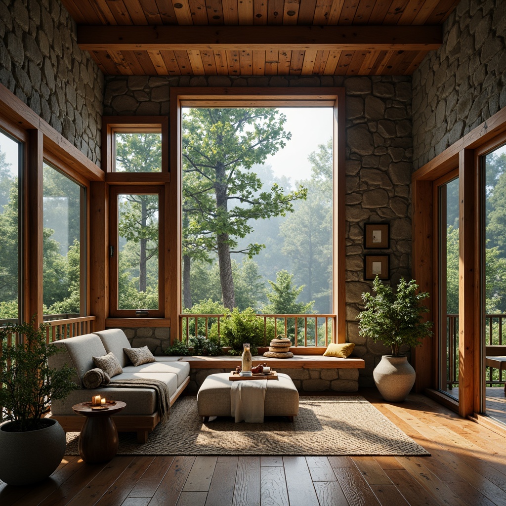 Prompt: Rustic mountain lodge, wooden accents, natural stone walls, earthy color palette, reclaimed wood furniture, woven textiles, organic patterns, botanical elements, lush greenery, forest surroundings, misty atmosphere, soft warm lighting, shallow depth of field, 3/4 composition, realistic textures, ambient occlusion.