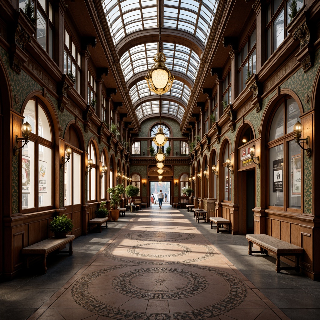 Prompt: Intricate tram station, ornate metalwork, Victorian-era design, lavish chandeliers, grand archways, patterned tile floors, stained glass ceilings, intricate mosaics, bronze fixtures, elegant wooden benches, vintage advertisements, nostalgic ambiance, soft warm lighting, shallow depth of field, 1/2 composition, realistic textures, ambient occlusion.