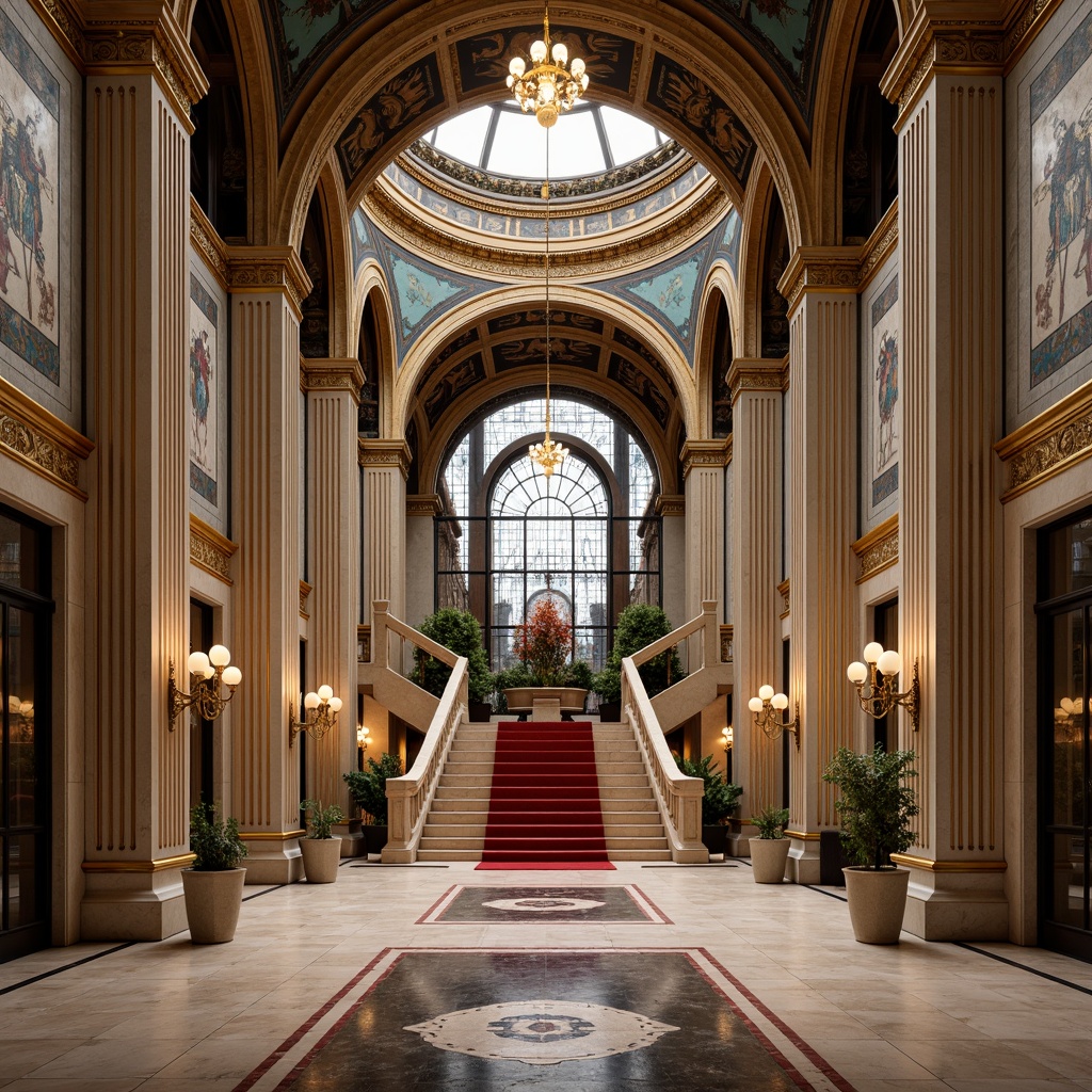 Prompt: Grandiose symmetrical entrance, intricately carved archways, majestic pillars, reflective marble floors, lavish crystal chandeliers, opulent gold accents, imposing stone walls, precision-cut glass facades, harmonious spatial arrangements, bilateral composition, 1/1 aspect ratio, central axis alignment, radial symmetry, geometric patterned mosaics, ornate metalwork, vibrant colorful frescoes, regal red carpeting, solemn grand staircase, majestic domed ceiling, soft warm ambient lighting, shallow depth of field.