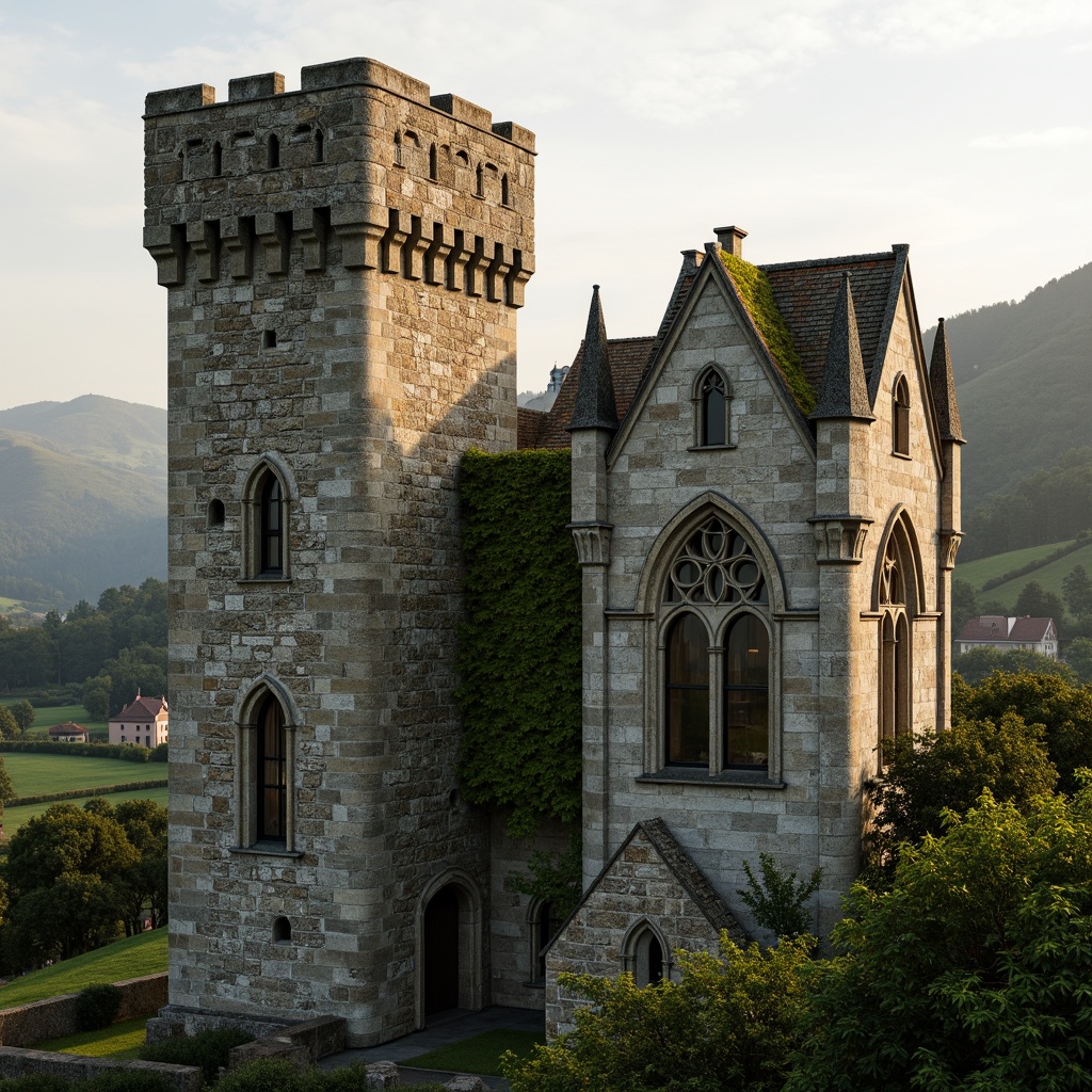 Prompt: Rustic stone towers, rugged rock textures, weathered surfaces, moss-covered walls, ivy-clad facades, Gothic arches, ribbed vaults, pointed windows, ornate carvings, intricate stonework, grand entrance doors, imposing fortifications, medieval architecture, rolling hills, verdant landscapes, misty mornings, warm golden light, shallow depth of field, 1/1 composition, realistic renderings.