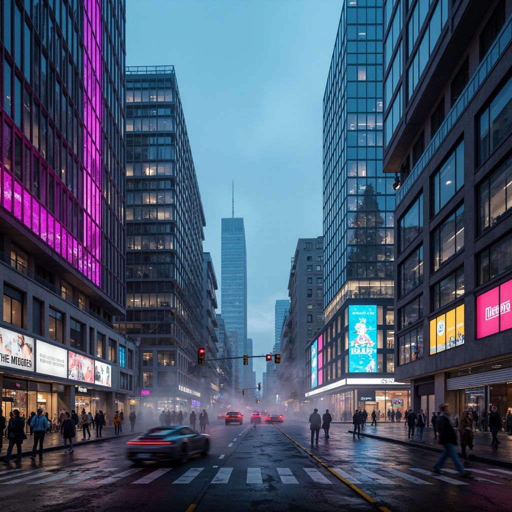 Prompt: Futuristic architecture, neon-lit cityscape, sleek metallic buildings, iridescent glass facades, holographic advertisements, radiant LED lights, cyberpunk-inspired color palette, electric blue accents, neon green highlights, vibrant pink undertones, dark gray backgrounds, metallic silver reflections, luminescent white details, glowing purple outlines, atmospheric fog effects, misty rainy day, dramatic high-contrast lighting, cinematic camera angles, symmetrical composition, futuristic transportation systems, levitating cars, holographic projections.