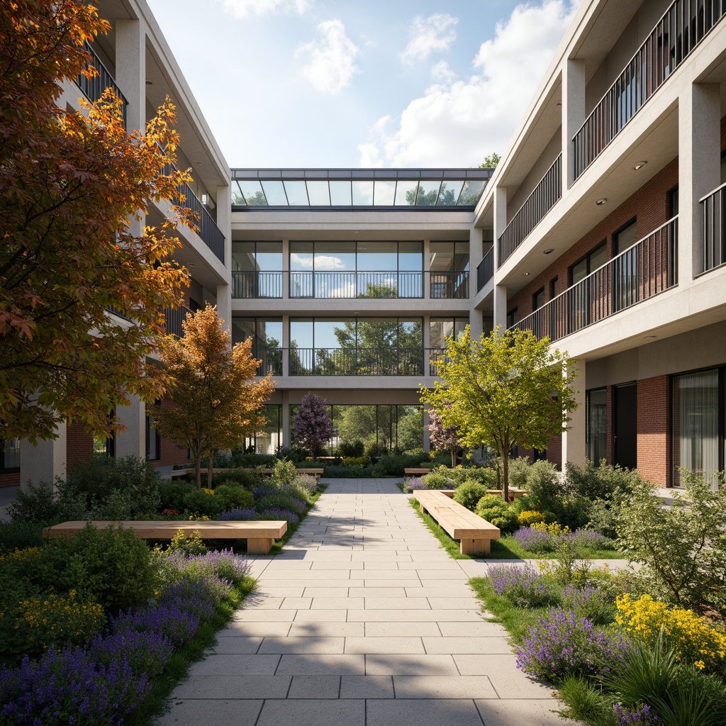 Prompt: Vibrant campus courtyard, lush greenery, blooming flowers, modernist architecture, clean lines, minimalist design, exposed concrete walls, industrial metal railings, wooden benches, educational signage, natural stone pathways, glass roofs, large skylights, warm soft lighting, shallow depth of field, 3/4 composition, panoramic view, realistic textures, ambient occlusion, international style fusion, cultural diversity inspiration, eclectic material palette, mixed media textures, abstract geometric patterns, bold color accents.