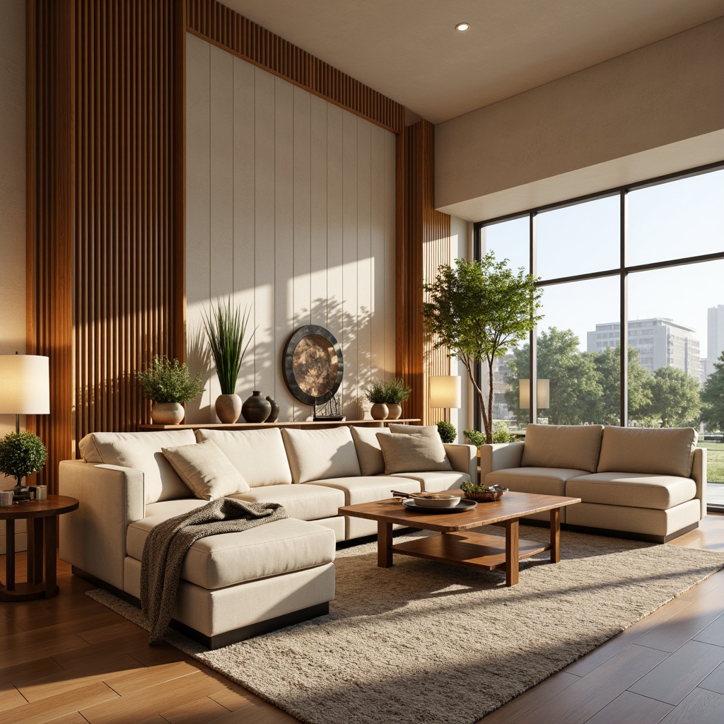 Prompt: Cozy living room, plush sofas, warm beige tones, natural wood accents, soft diffused lighting, comfortable seating areas, stylish coffee tables, vibrant greenery, modern minimalist decor, elegant floor lamps, tranquil atmosphere, inviting color palette, 1/1 composition, shallow depth of field, realistic textures, ambient occlusion.