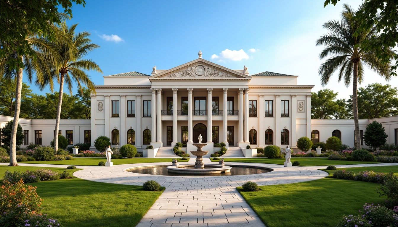 Prompt: Grand neoclassical mansion, symmetrical facade, ornate columns, intricately carved stone walls, lush green lawns, meandering walkways, serene water features, classical statues, vibrant flower arrangements, majestic trees, clear blue sky, warm sunny day, soft natural lighting, shallow depth of field, 3/4 composition, panoramic view, realistic textures, ambient occlusion, harmonious color palette, elegant ornate details.