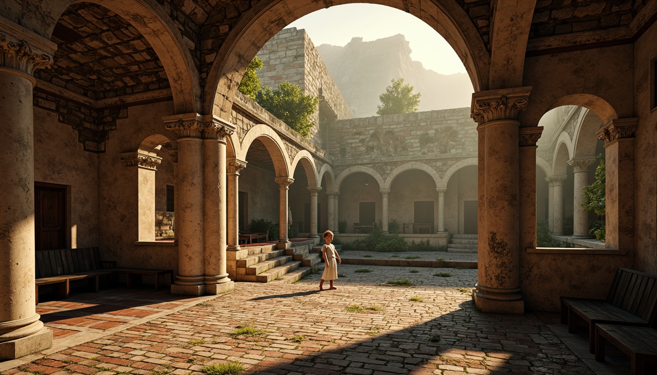 Prompt: Ancient amphitheater, rugged stone walls, weathered marble columns, ornate carvings, worn wooden benches, rustic metal accents, natural earthy tones, crumbling brick arches, moss-covered stone floors, dramatic spotlighting, warm golden lighting, atmospheric fog, shallow depth of field, 1/2 composition, realistic textures, ambient occlusion.