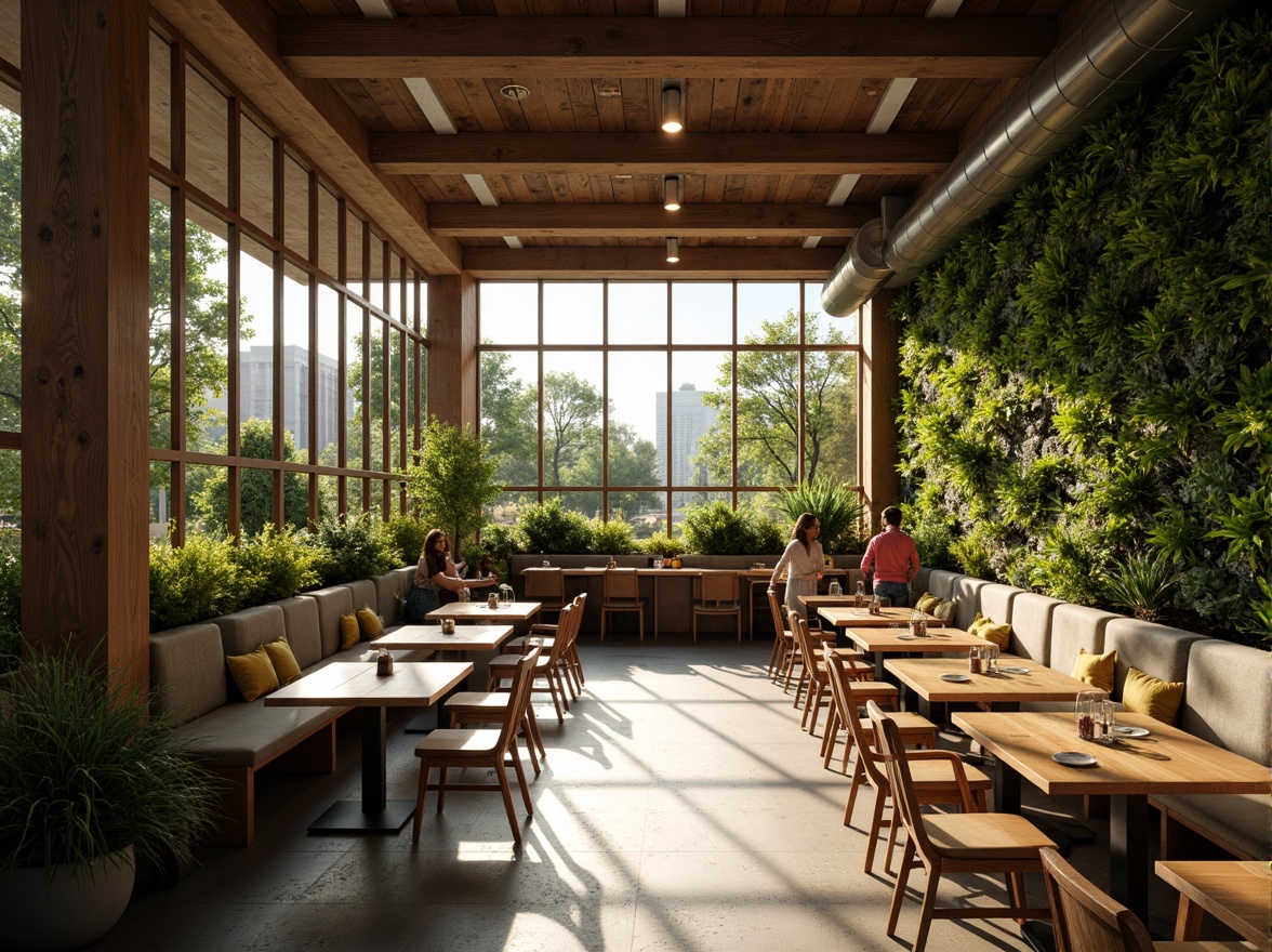 Prompt: Vibrant dining hall, large windows, natural light pouring in, wooden tables, comfortable seating, warm atmosphere, soft shadows, gentle breeze, lush greenery, living walls, vertical gardens, modern minimalist decor, sleek metal fixtures, earthy tone color palette, ambient lighting, shallow depth of field, 3/4 composition, panoramic view, realistic textures, subtle reflections.