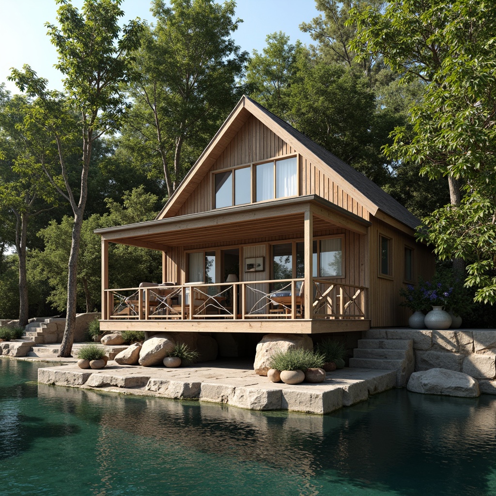 Prompt: Rustic wooden boathouse, serene lake surroundings, lush greenery, weathered wood accents, nautical ropes, sailboat-inspired decor, soft warm beige tones, calming blue hues, natural stone foundations, earthy brown textures, sunny afternoon light, gentle water reflections, subtle wave patterns, 1/1 composition, shallow depth of field, realistic wood grain details.