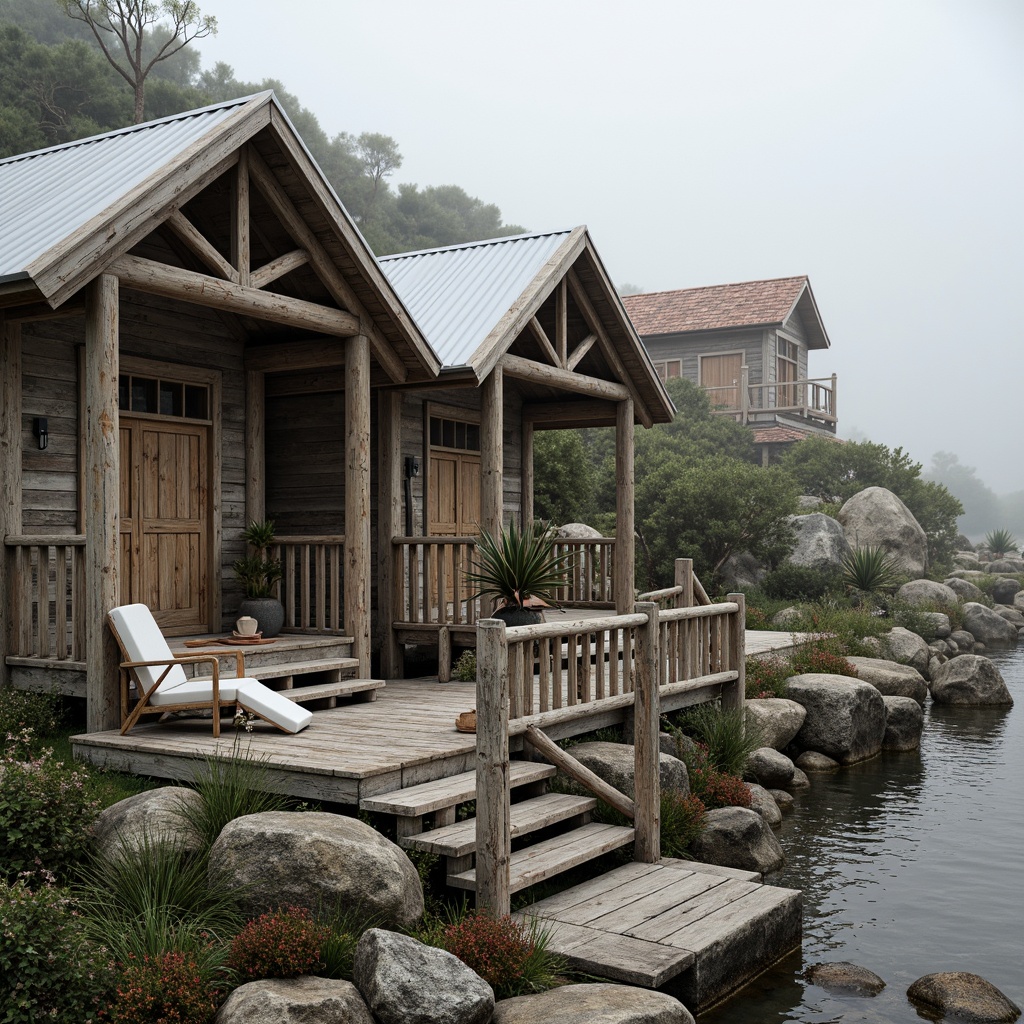 Prompt: Rustic coastal cottage, driftwood accents, weathered stone walls, corrugated metal roofs, salt-resistant wood decks, nautical rope railings, distressed finishes, ocean-inspired color palette, sea-salt air, misty morning light, shallow depth of field, 1/2 composition, wide-angle lens, realistic textures, ambient occlusion.