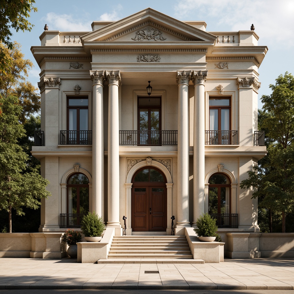 Prompt: Grandiose neoclassical building, ornate columns, carved stone details, symmetrical facade, grand entrance, decorative cornices, classic arches, ornamental balustrades, rusticated base, stately pilasters, richly textured walls, creamy white marble, subtle warm lighting, soft focus, atmospheric perspective, 2/3 composition, subtle depth of field, realistic architectural elements, intricate molding details.